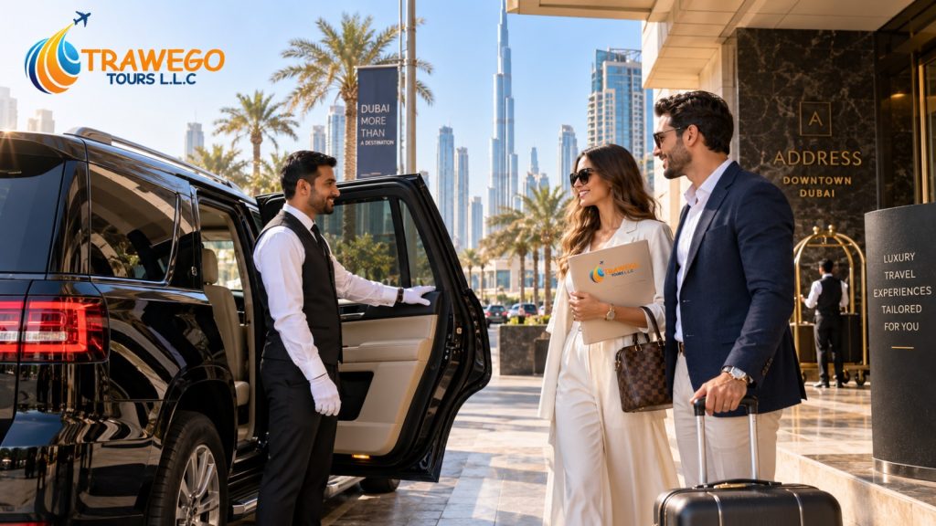 Dubai tour packages direct booking with private vehicle transfer outside a luxury hotel in Dubai.