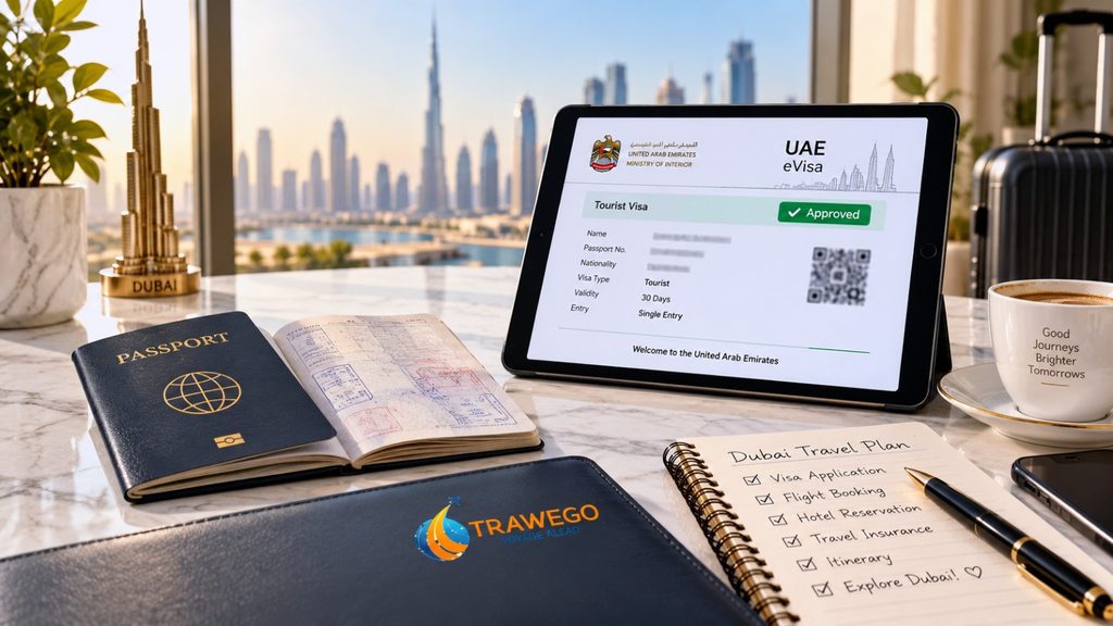Open international passport and approved electronic UAE tourist visa displayed on a tablet during travel planning.