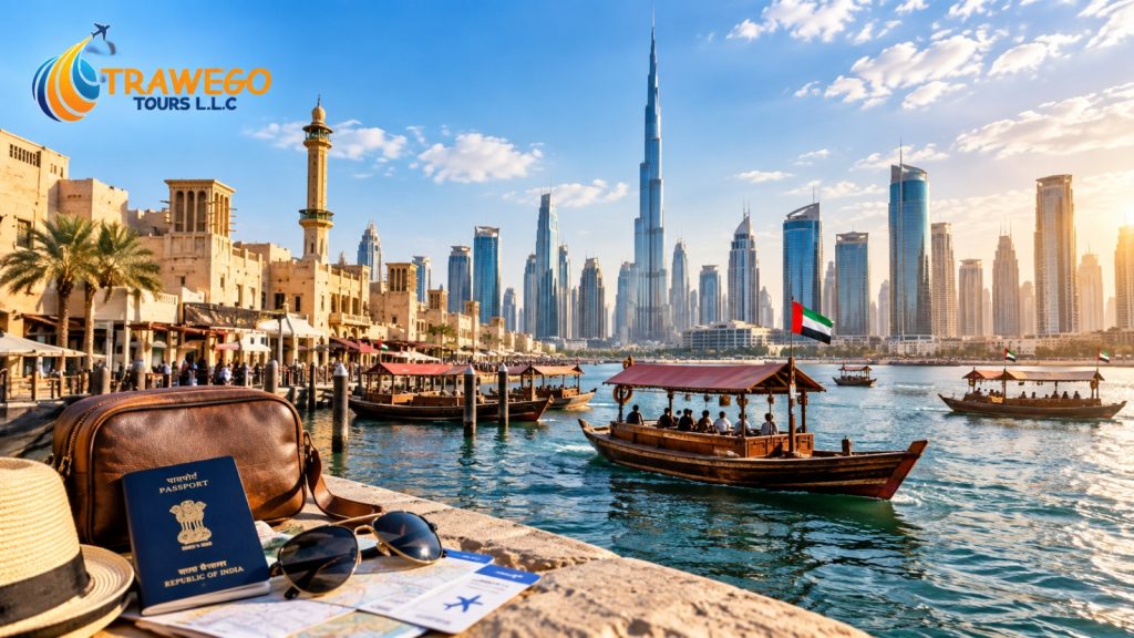 Dubai trip cost from India 5 days holiday planning guide overlooking Dubai skyline.
