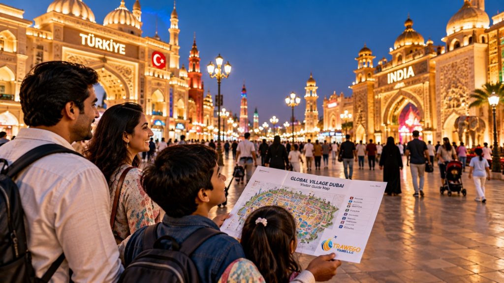 Global Village Dubai Season 31 guide showing illuminated country pavilions and family visitors at night.